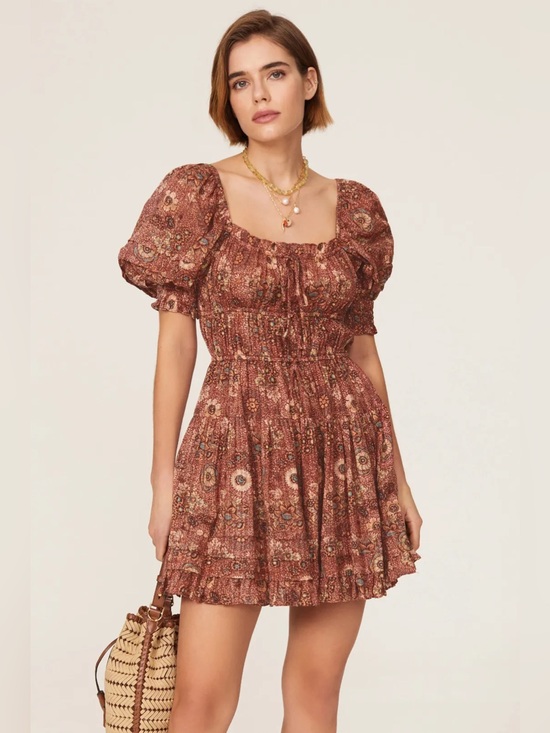 Ulla Johnson Dresses & Skirts - Ulla Johnson Floral Puff Sleeve Smocked Mini Dress Brown Print 4 Boho Romantic